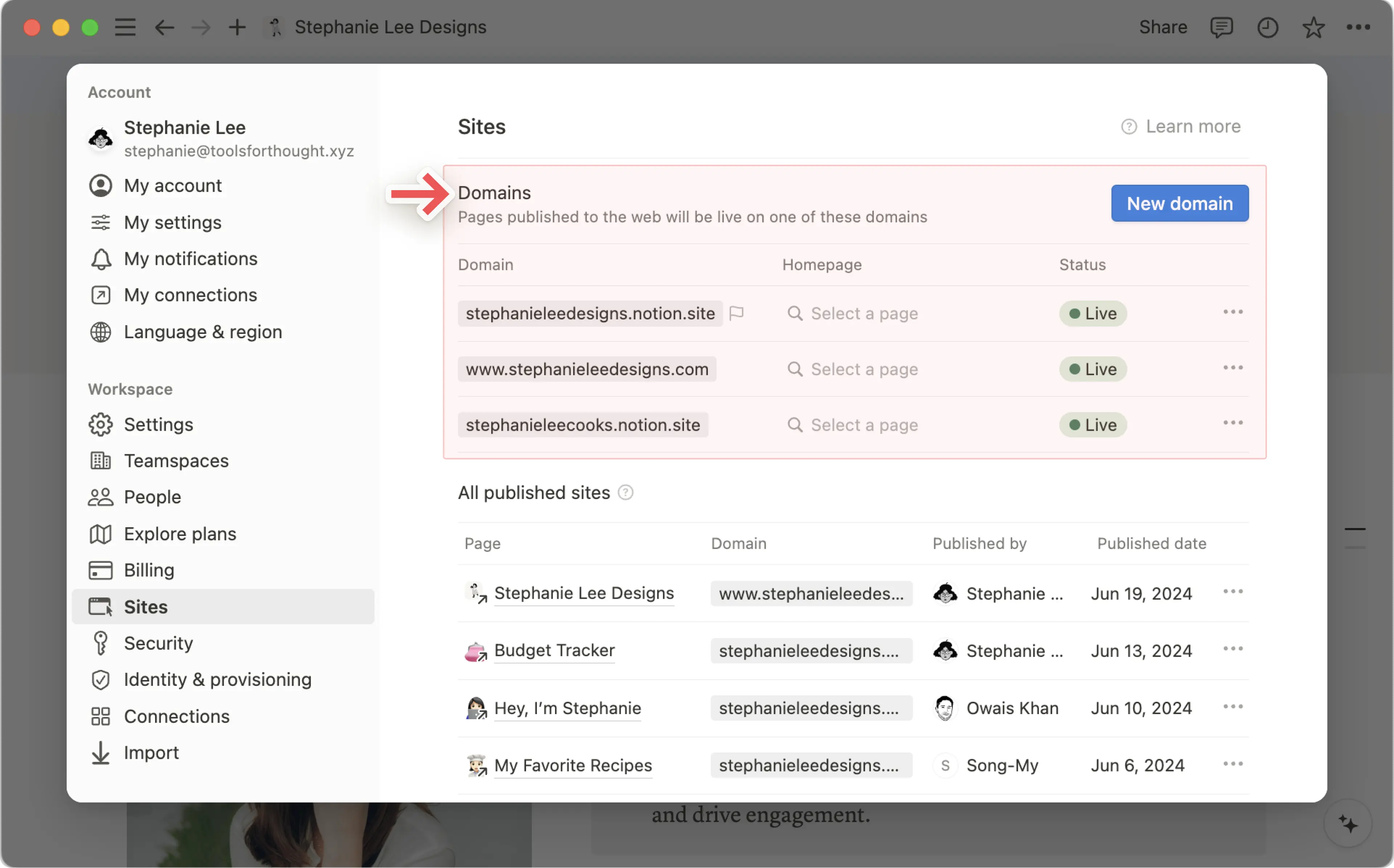 Aide : gérer vos domaines de site Notion