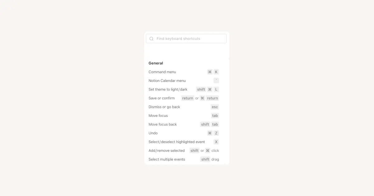 Raccourcis clavier de Notion Calendar