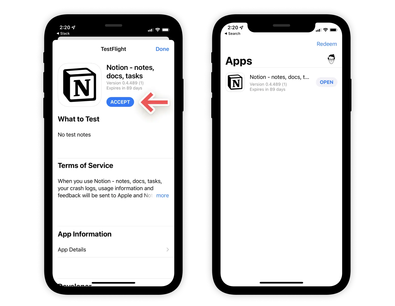 Captures d’écran des étapes pour l’utilisation de TestFlight pour l’inscription à la version bêta iOS de Notion.