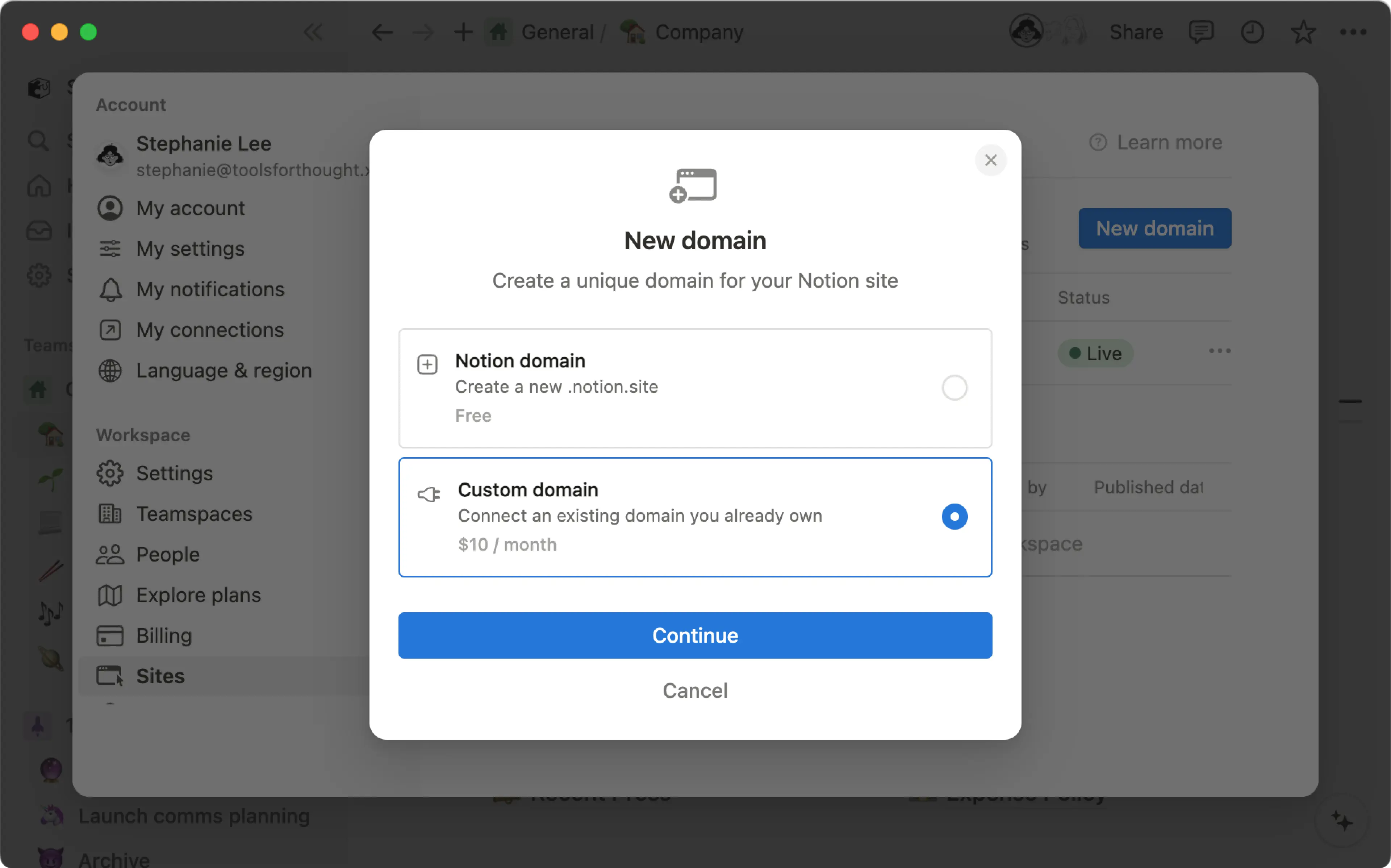 Aide : visuel pour connecter un domaine personnalisé