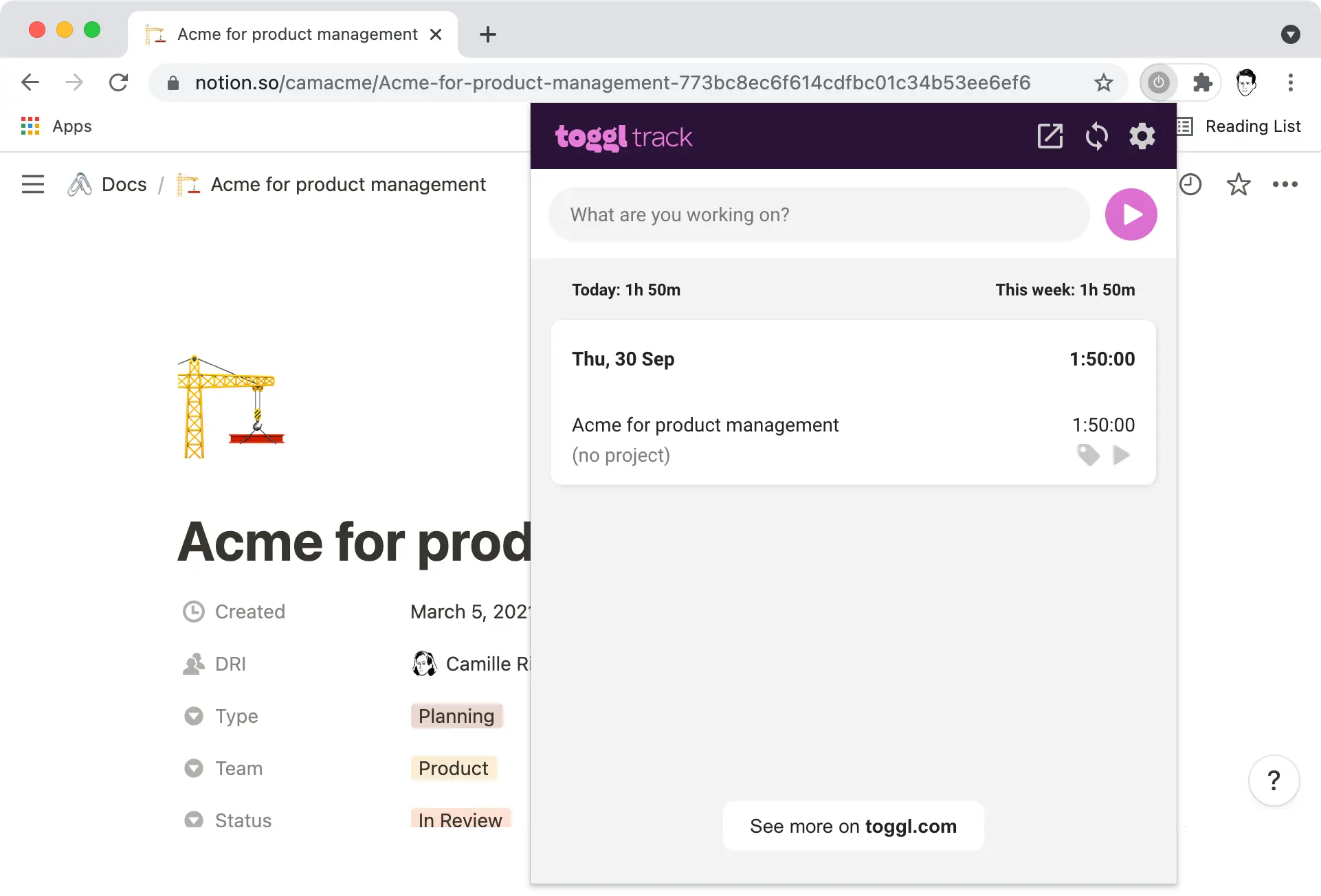 A Chrome Window with Tggle Track extension.