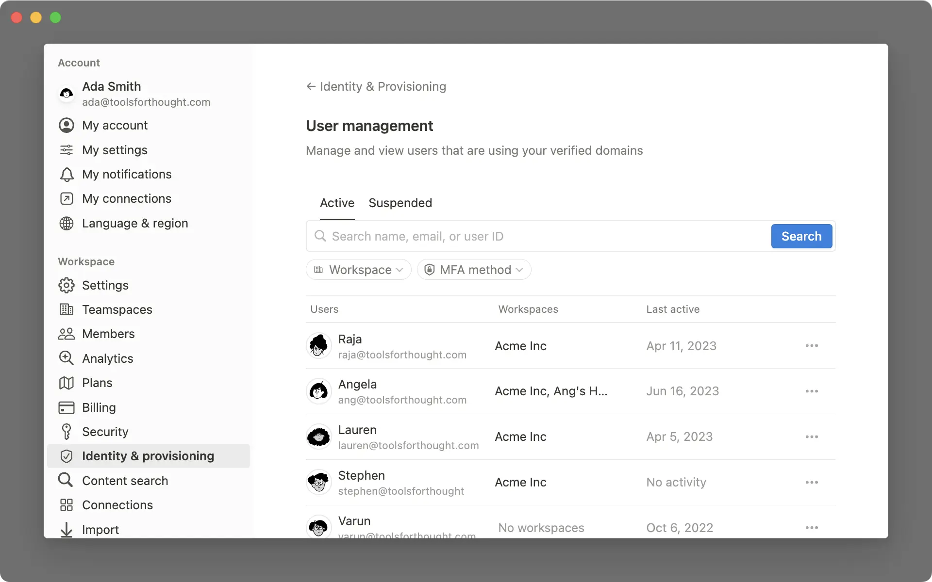 Aide : tableau de bord des utilisateurs gérés