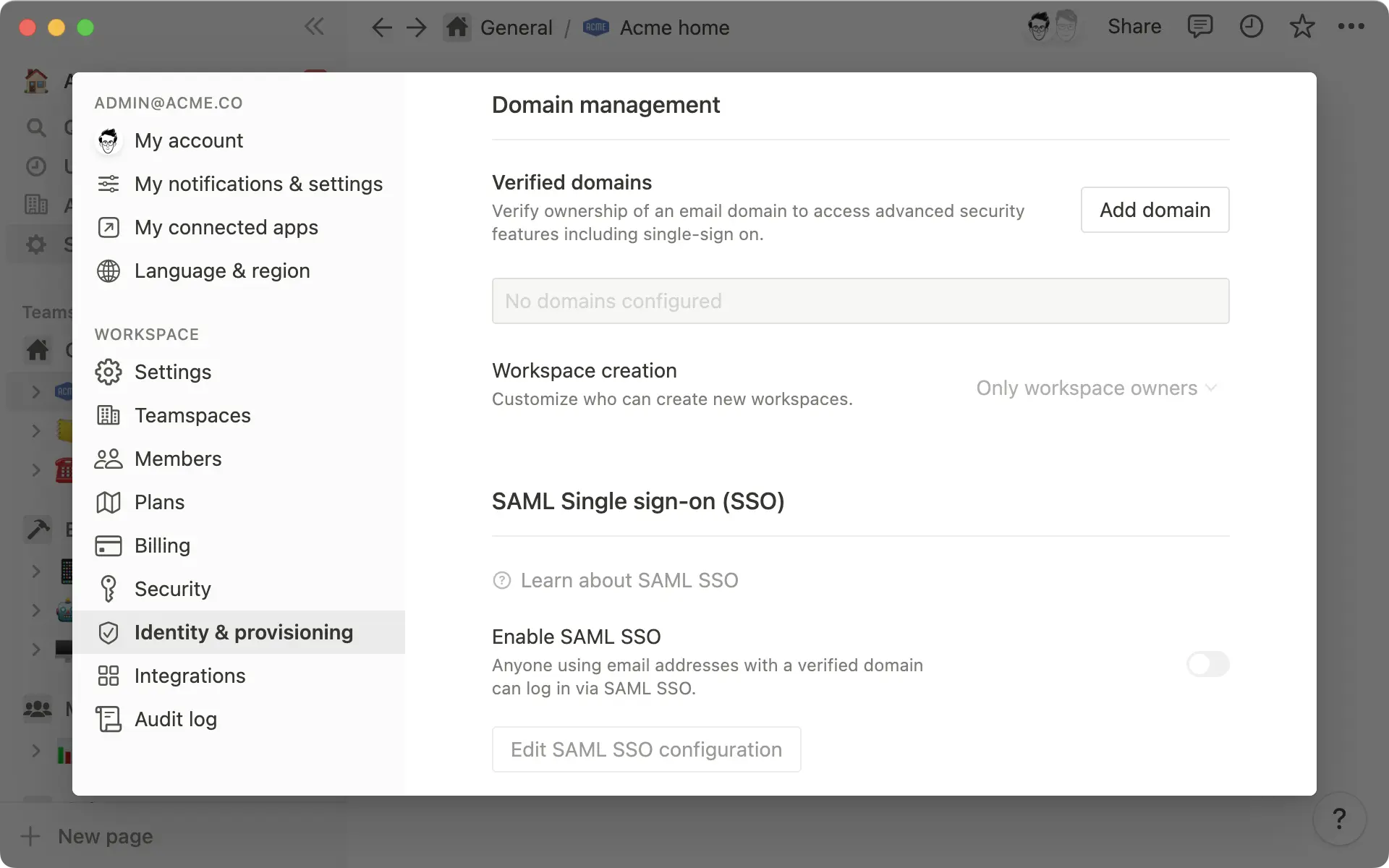 Capture d’écran des paramètres Notion montrant la configuration de la gestion de domaine et de l’authentification unique SSO SAML.