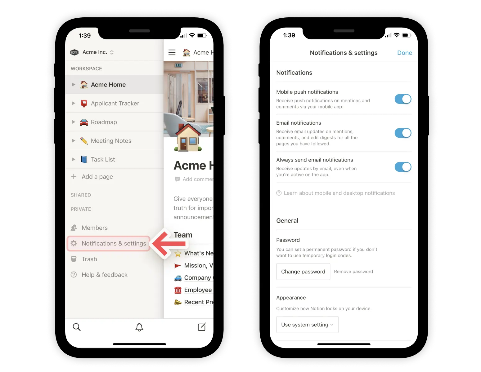 Paramètres de notifications ─ mobile