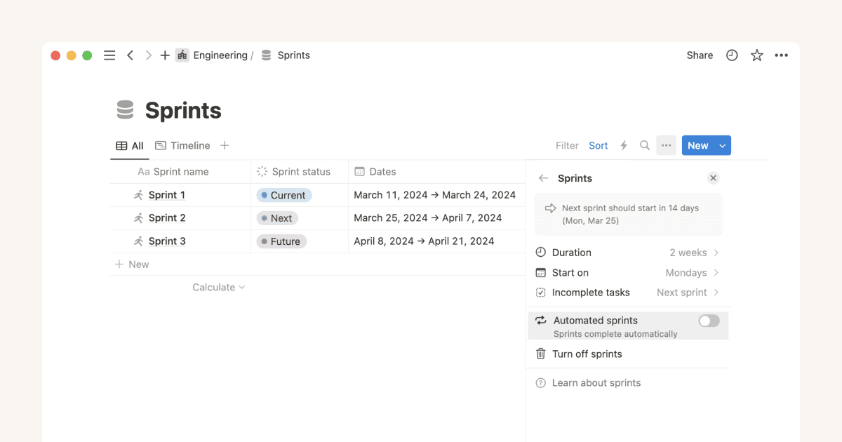 Sprints, ahora más sencillo con el sistema de seguimiento de sprints de Notion