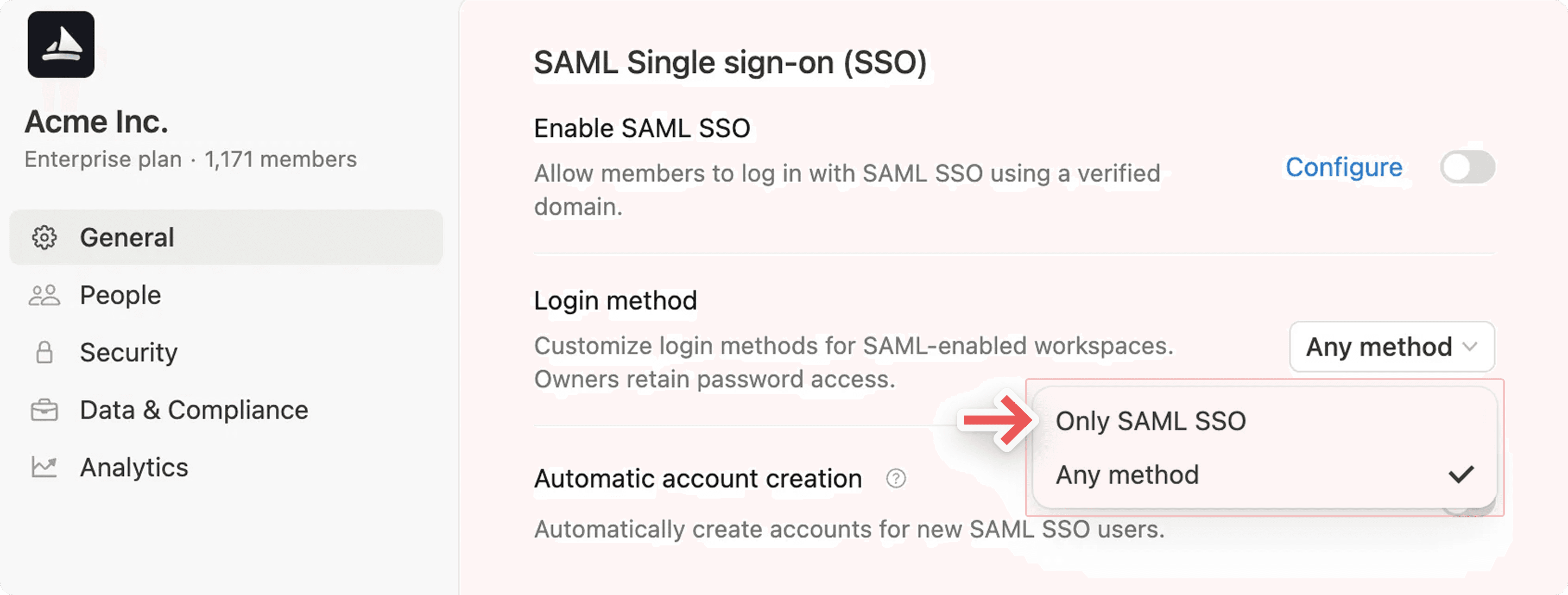 ca: consola de la organización para aplicar el inicio de sesión único de saml