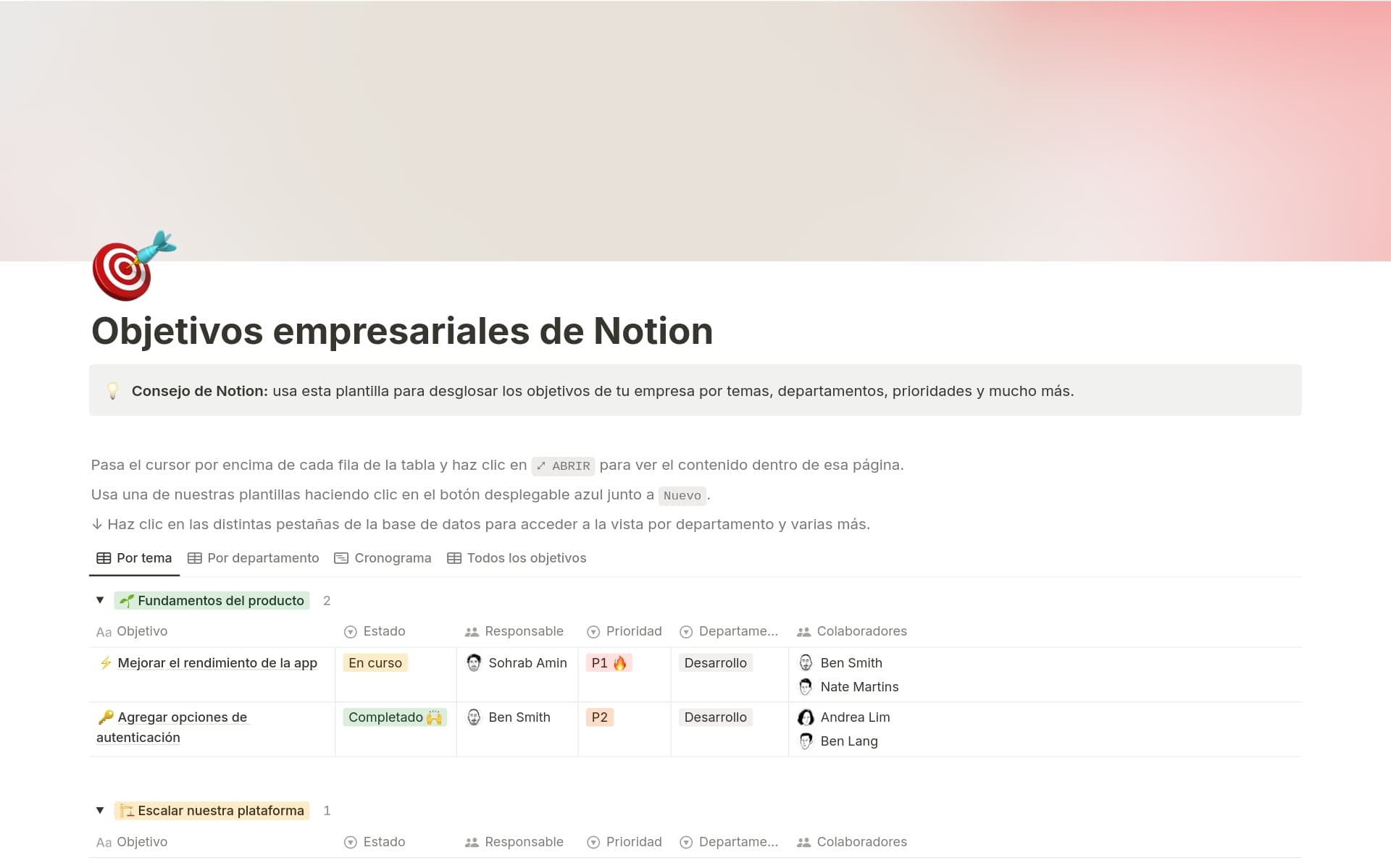 Captura de pantalla de la colección Planes para el éxito de Notion